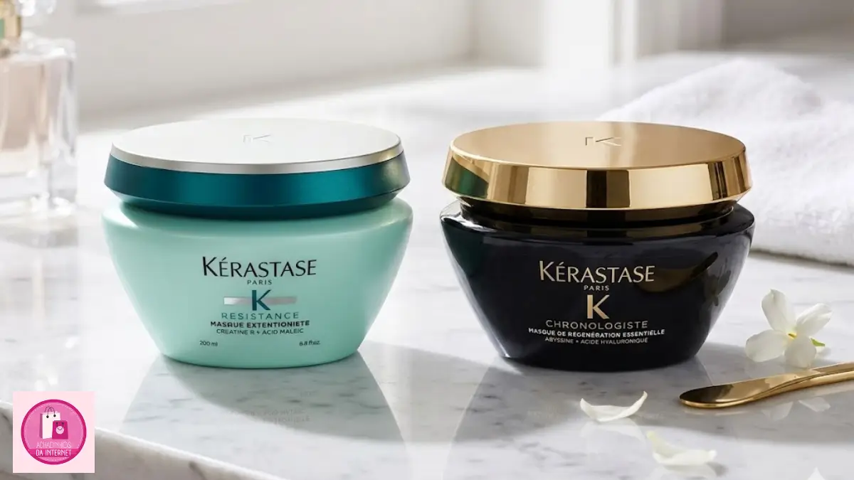 Comparativo entre as máscaras Kérastase Resistance Force Architecte verde e Chronologiste Intense Régénérant preta em bancada de luxo.