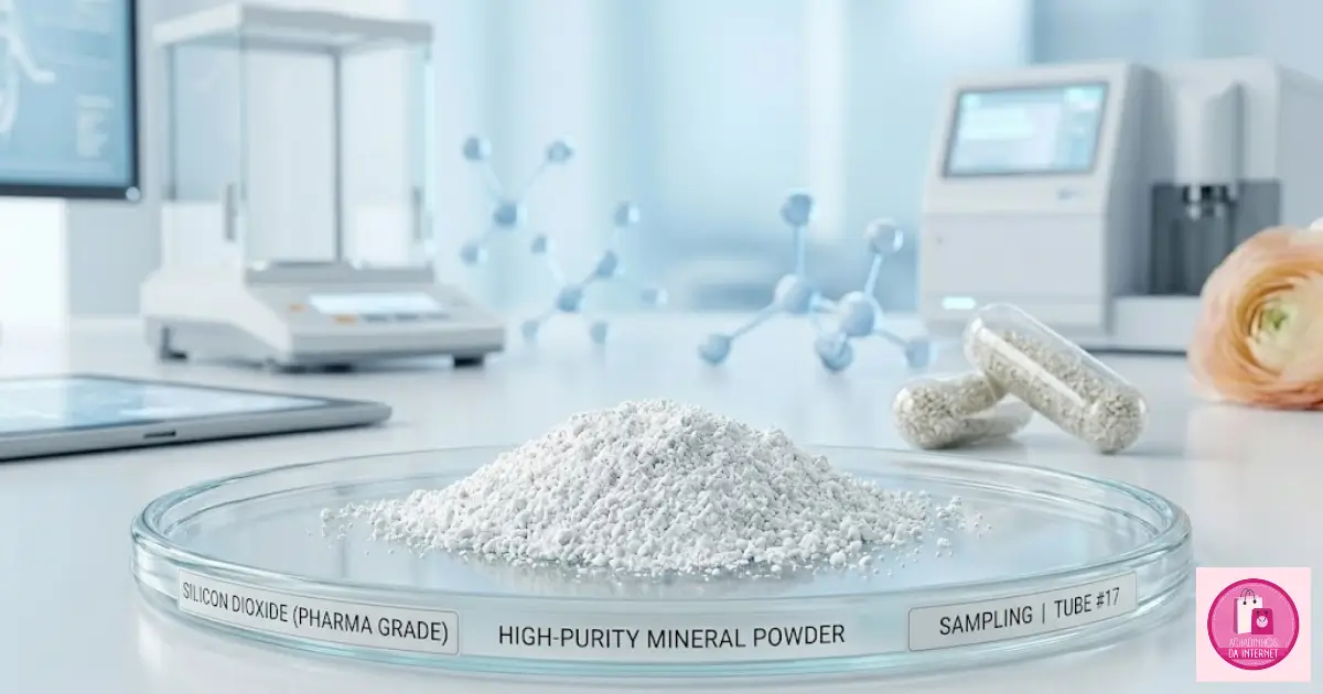Foco macro de precisão em pó mineral branco e purificado de dióxido de silício de grau farmacêutico sob uma superfície de vidro limpa de laboratório.