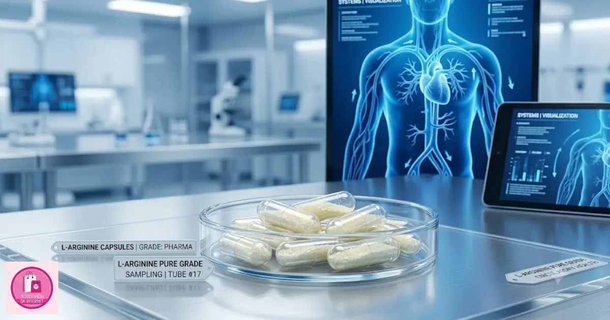Cápsulas transparentes de suplemento L-Arginina isolada dispostas sobre uma superfície branca de laboratório clínico com gráficos vasculares ao fundo.