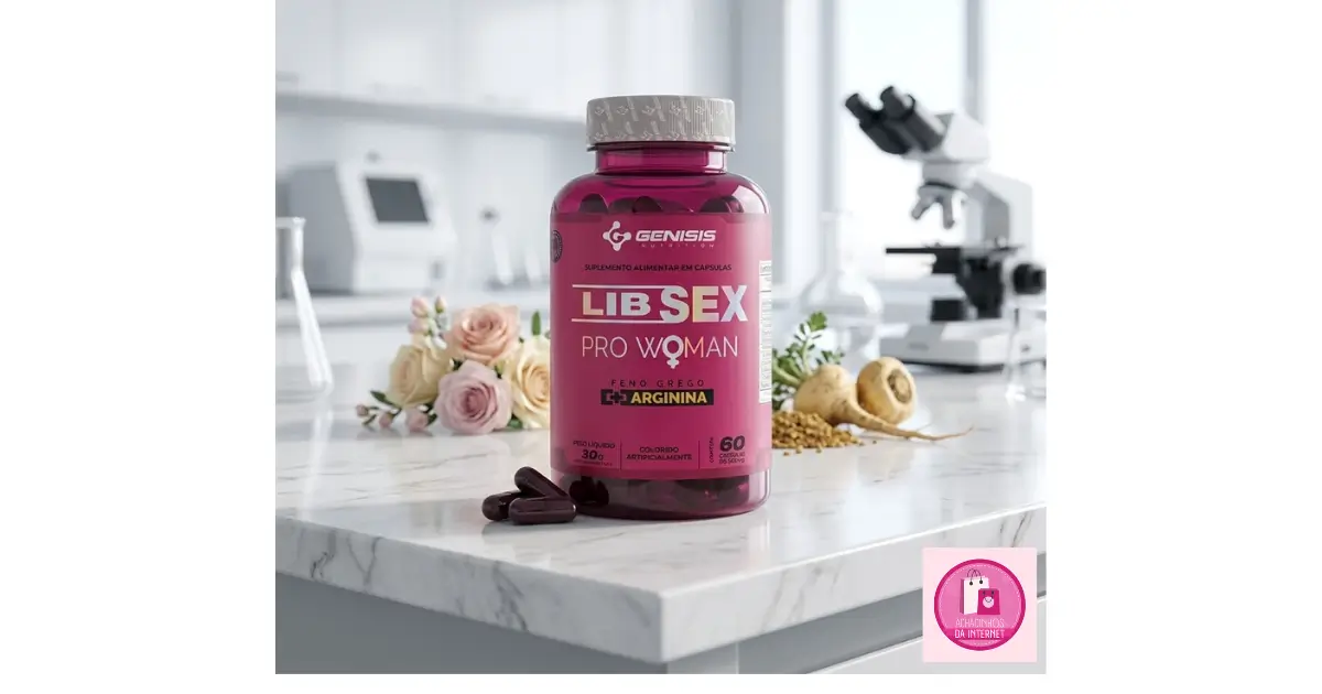 Frasco do suplemento vitamínico feminino Libsex Pro Woman posicionado em primeiro plano sobre uma bancada clara de laboratório fitoterápico, com cápsulas e flores de tonalidades suaves ao fundo.