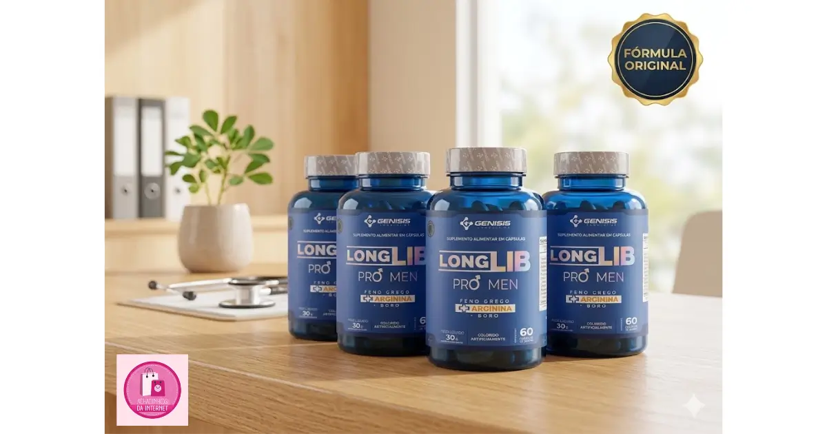 Potes do suplemento Long Lib Pro Men original sobre uma mesa de consultório clínico, destacando a fórmula para vitalidade masculina.