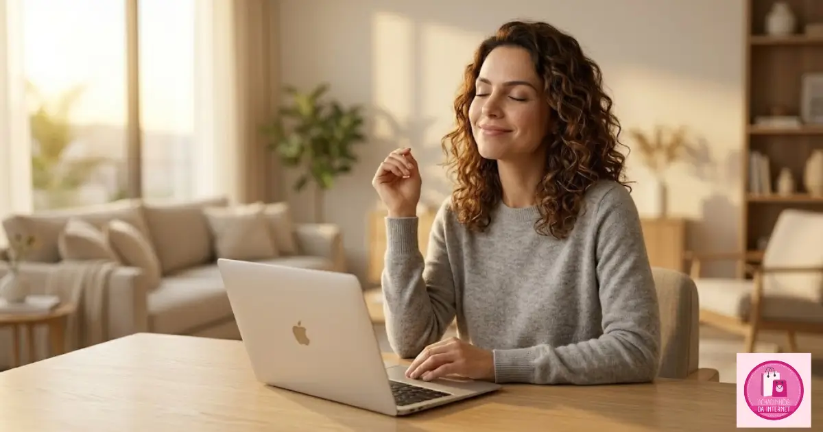 Mulher sorrindo sentada em uma escrivaninha de madeira aconchegante enquanto estuda e usa o notebook em um ambiente iluminado.