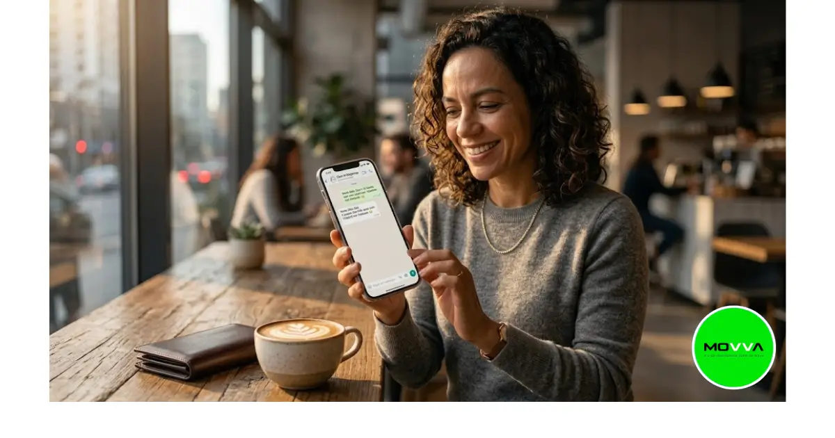 Pessoa em um café moderno sorrindo ao ver uma oferta de plano de celular econômico no smartphone.
